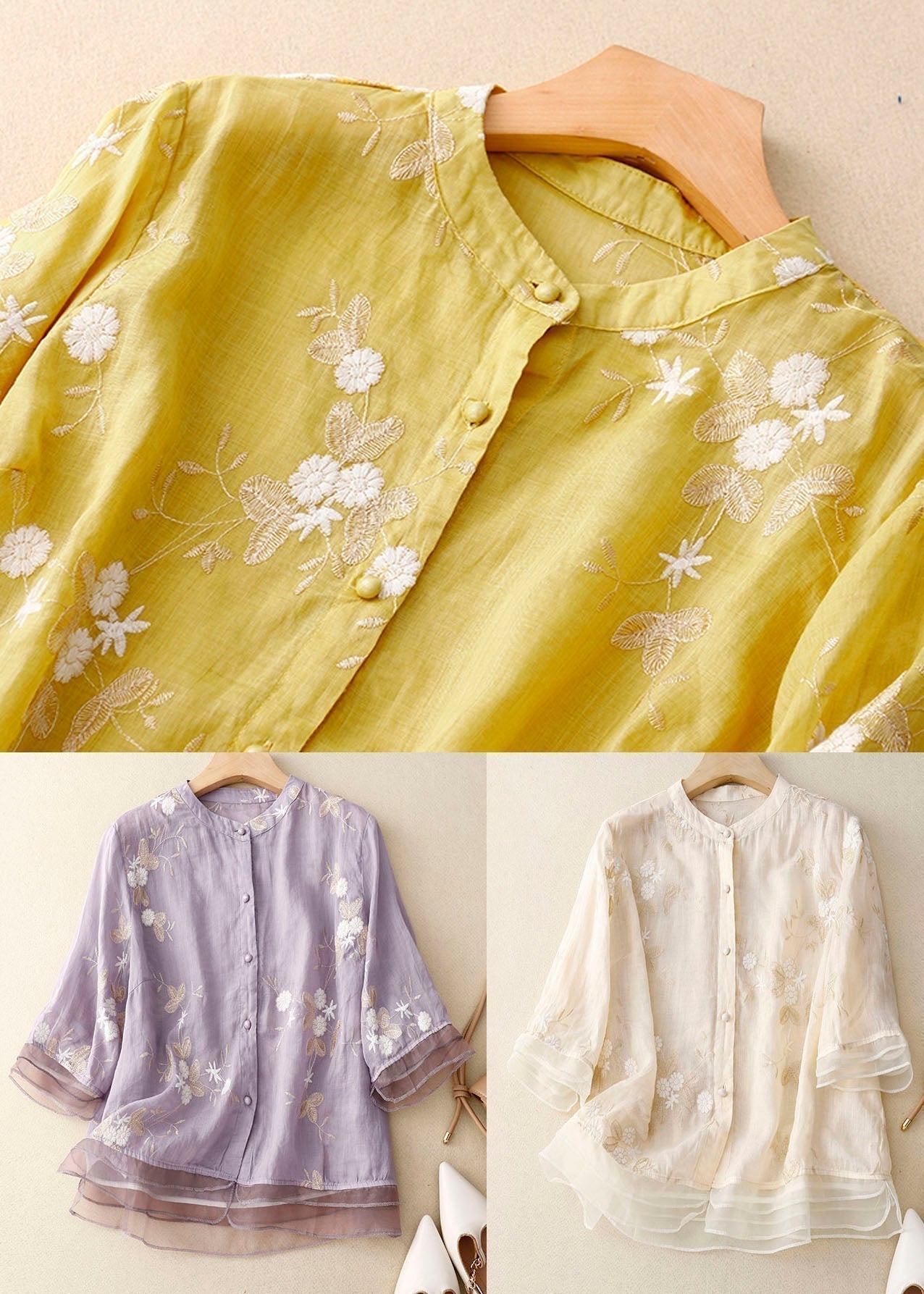Floral Embroidered Linen Blouse for Women