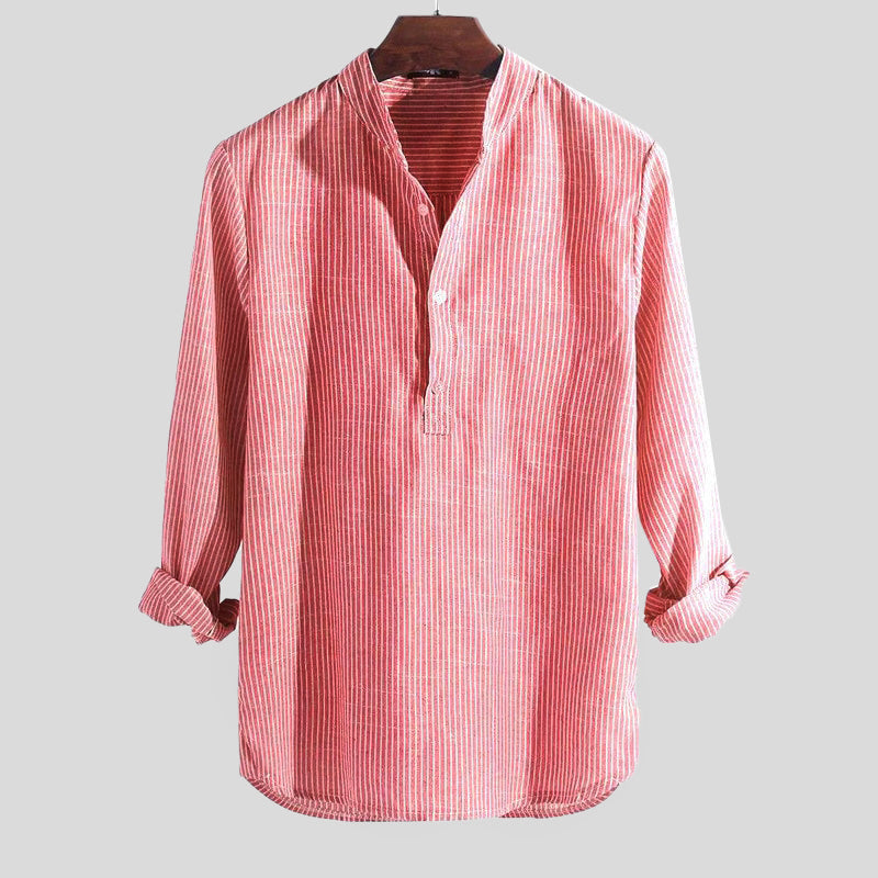 Cotton-Linen Striped Henley Shirt for Men