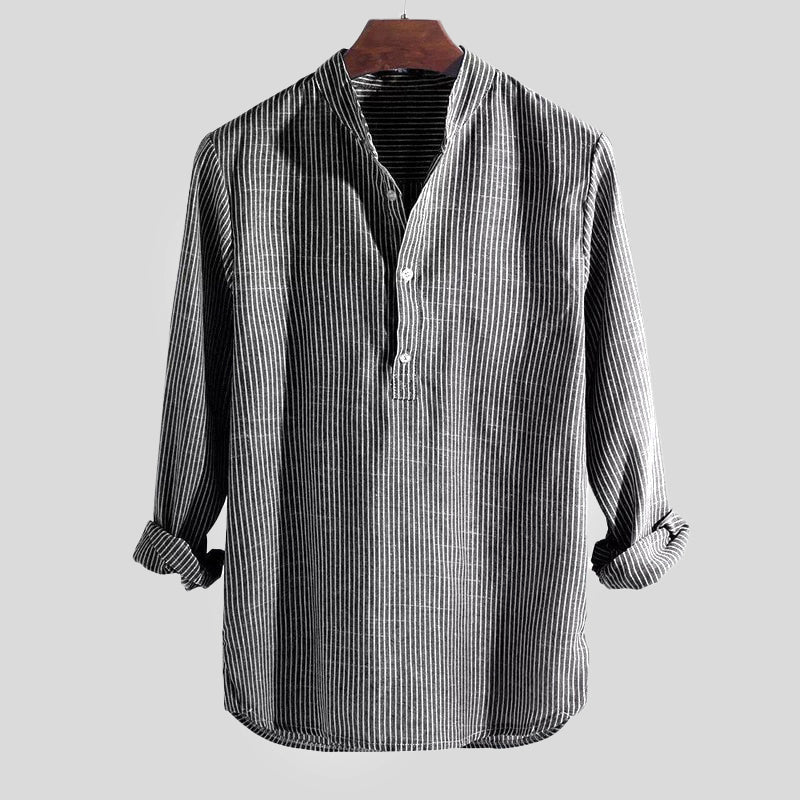 Cotton-Linen Striped Henley Shirt for Men