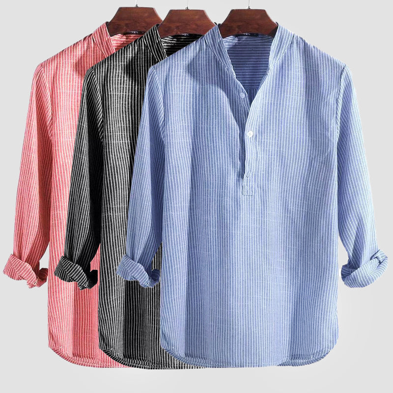 Cotton-Linen Striped Henley Shirt for Men