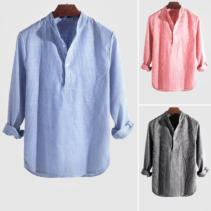Cotton-Linen Striped Henley Shirt for Men
