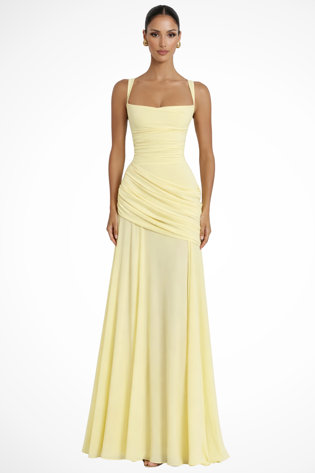 Maxi Dress with Square Neck and Ruched Waist for Women