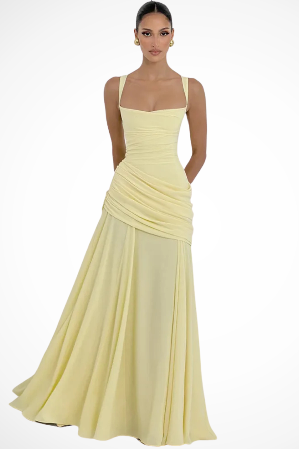 Maxi Dress with Square Neck and Ruched Waist for Women