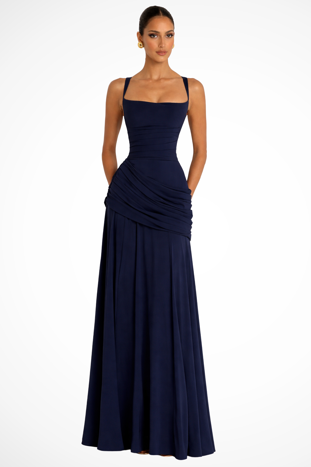 Maxi Dress with Square Neck and Ruched Waist for Women