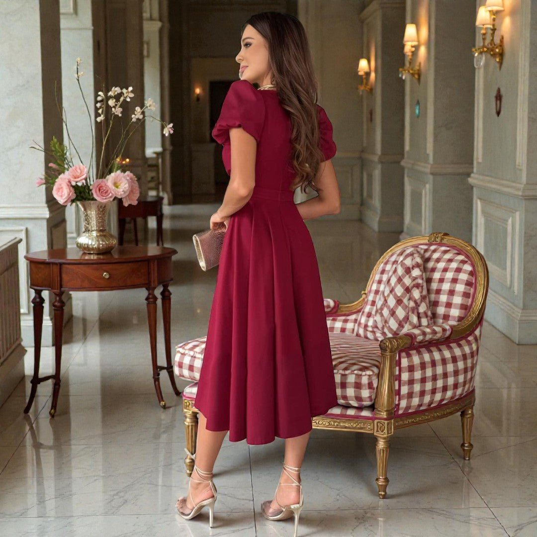 V-Neck Puff Sleeve Midi Dress for Women