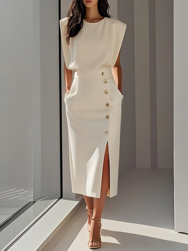 Sleeveless Midi Dress with Button Front Slit for Women