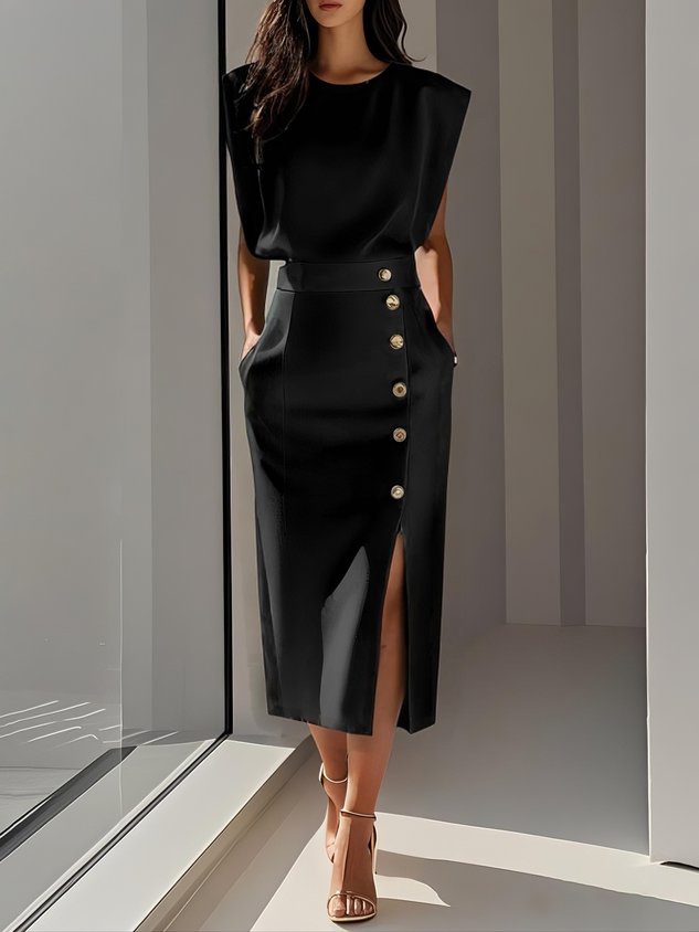 Sleeveless Midi Dress with Button Front Slit for Women