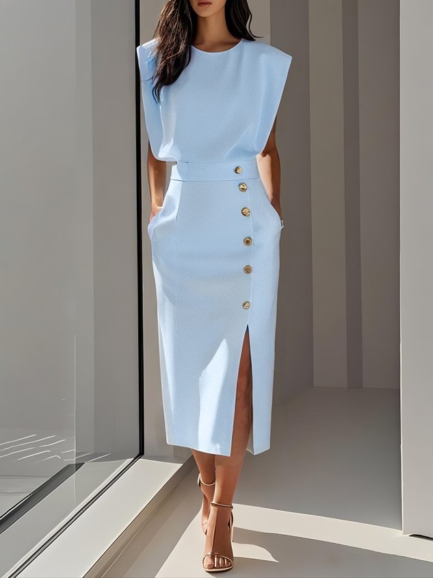 Sleeveless Midi Dress with Button Front Slit for Women