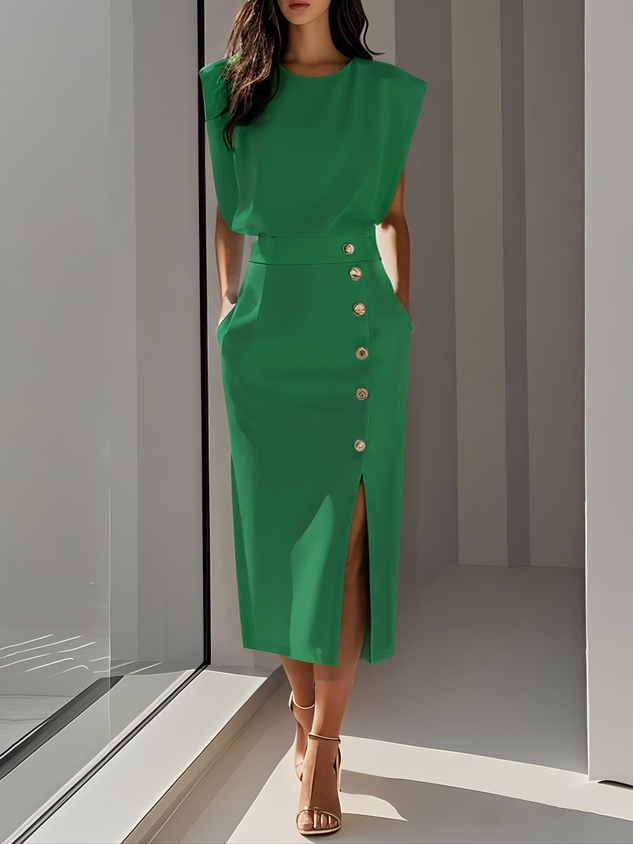 Sleeveless Midi Dress with Button Front Slit for Women