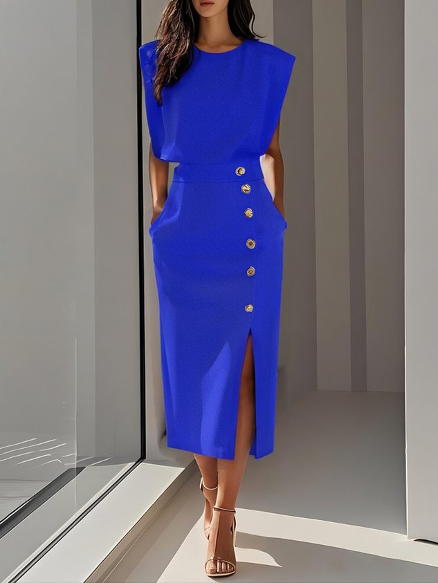 Sleeveless Midi Dress with Button Front Slit for Women