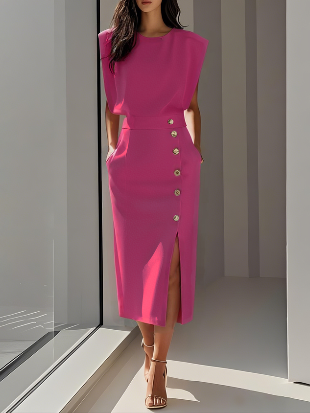 Sleeveless Midi Dress with Button Front Slit for Women