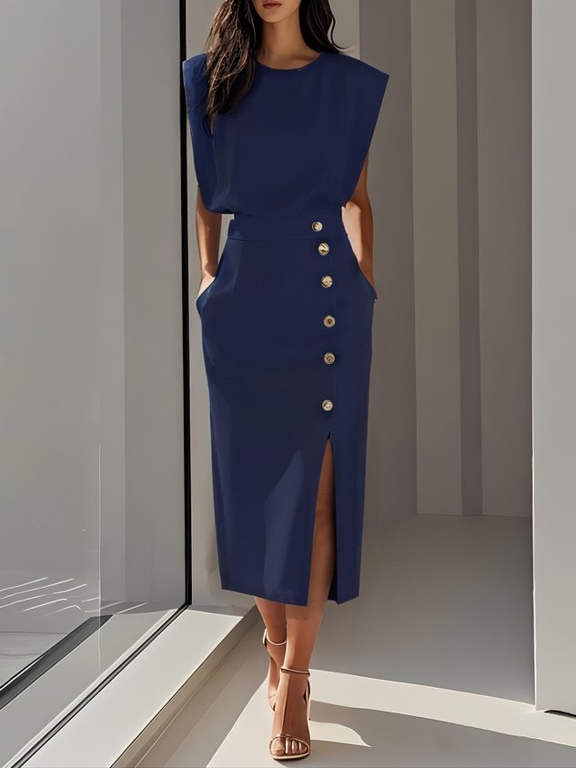 Sleeveless Midi Dress with Button Front Slit for Women
