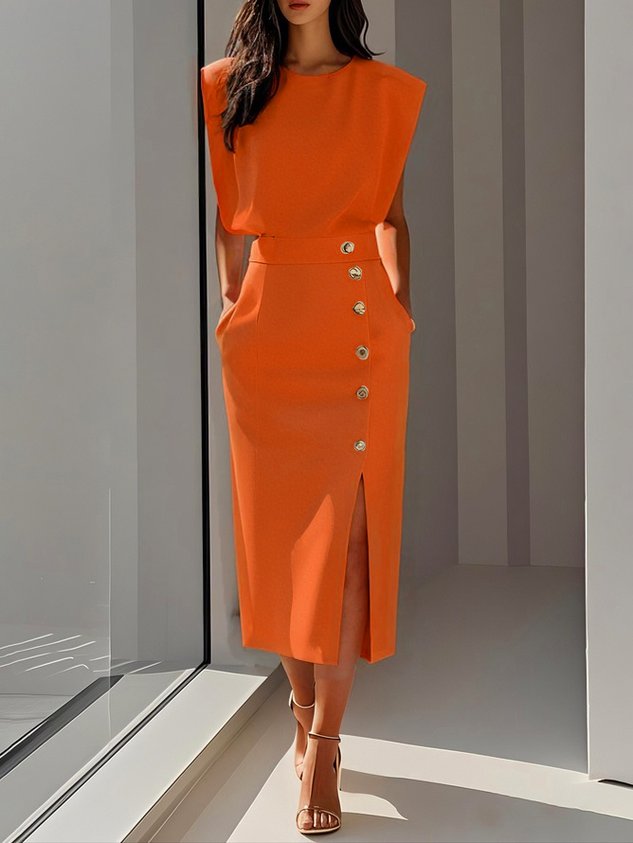 Sleeveless Midi Dress with Button Front Slit for Women