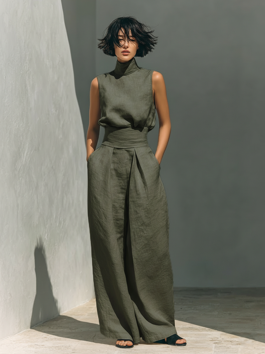 Sleeveless Roll Neck Wide Leg Linen Set for Women