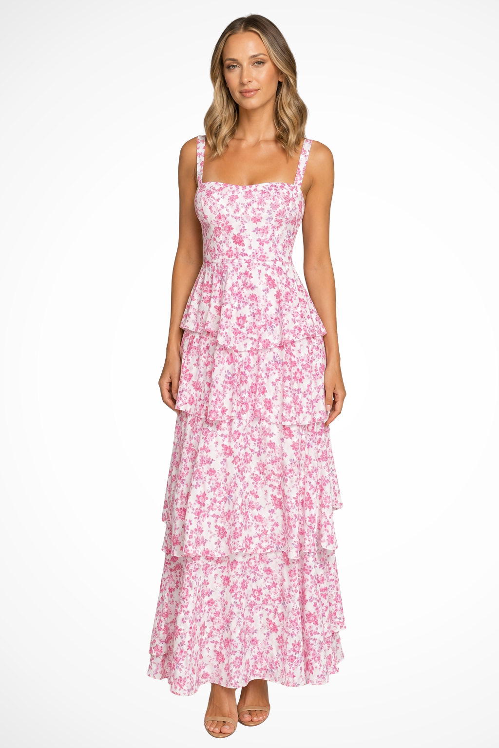 Strapless Tiered Ruffle Floral Wedding Guest Maxi Dress for Women