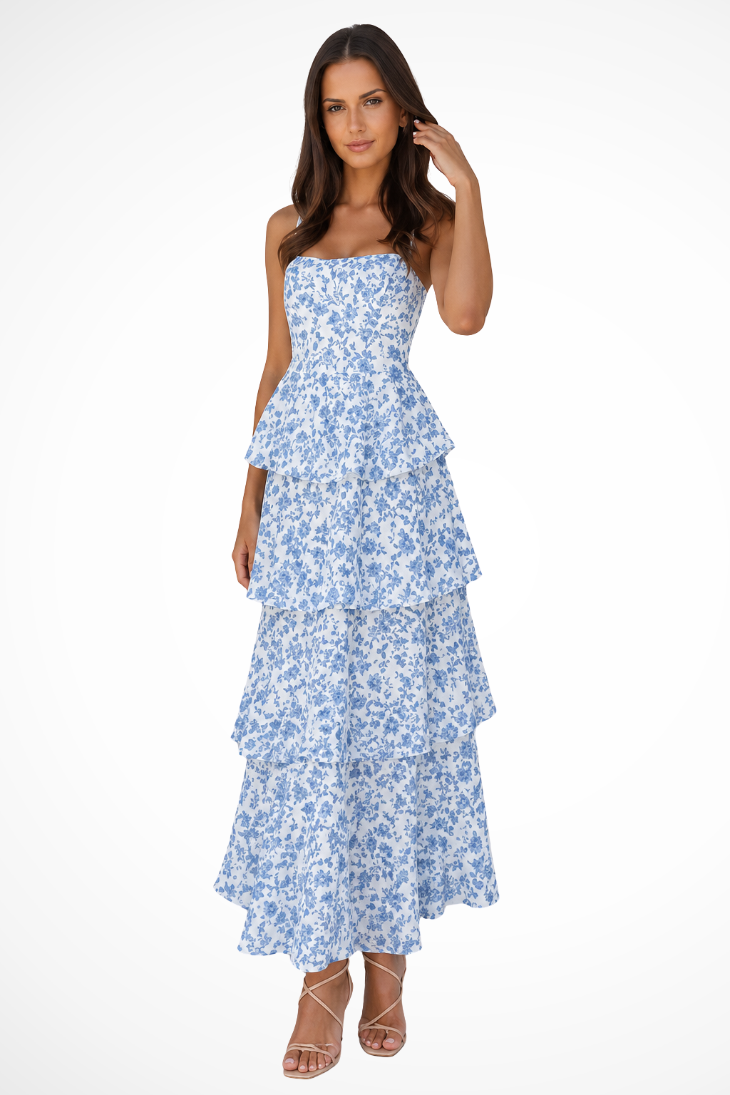 Strapless Tiered Ruffle Floral Wedding Guest Maxi Dress for Women