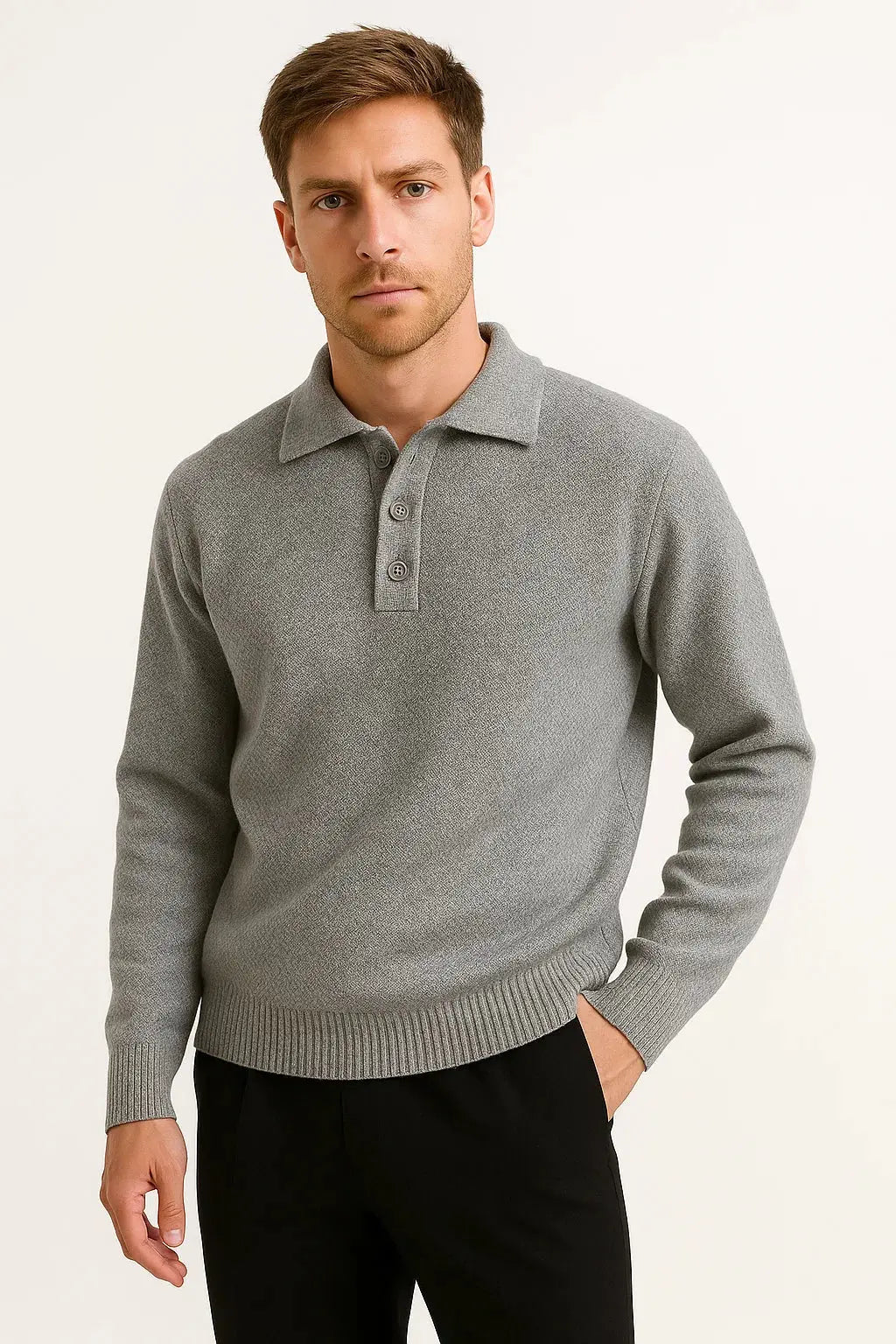 Ribbed Knit Polo Sweater with Structured Collar for Men