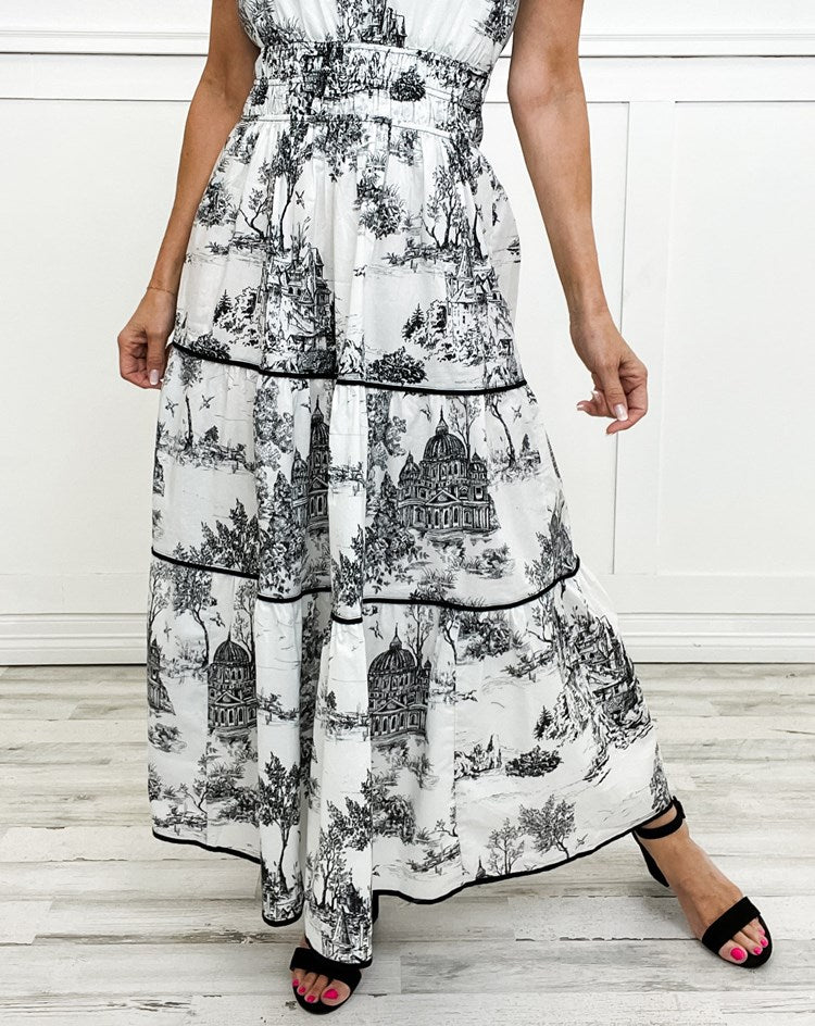 Toile Print Short Sleeve Wedding Guest Maxi Dress for Women
