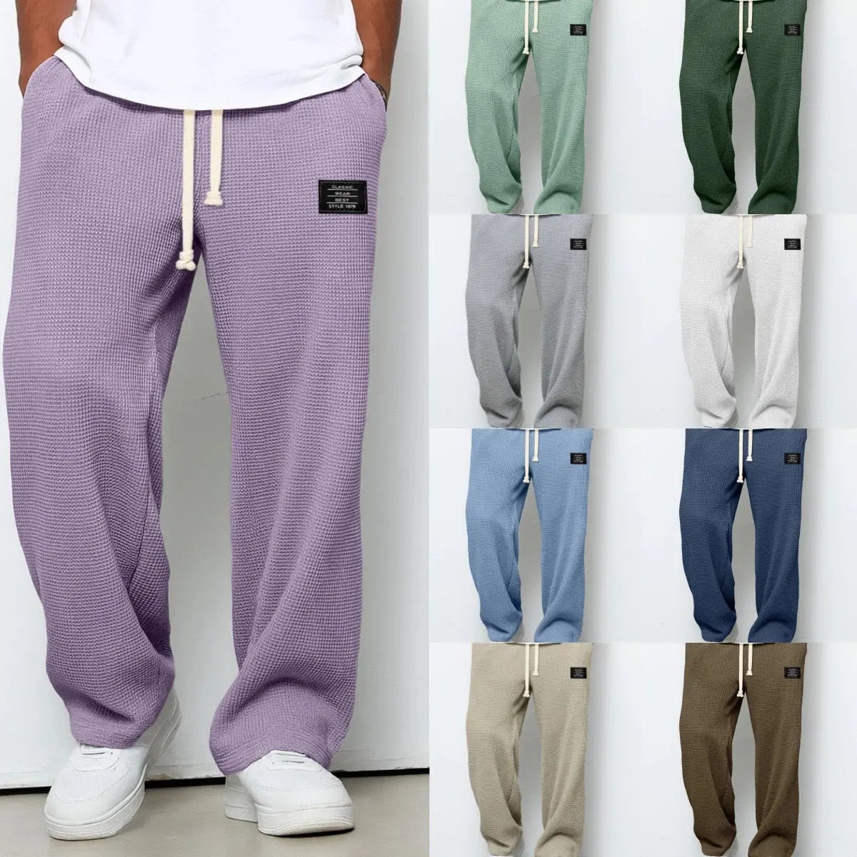 Waffle Knit Straight Leg Trousers for Men