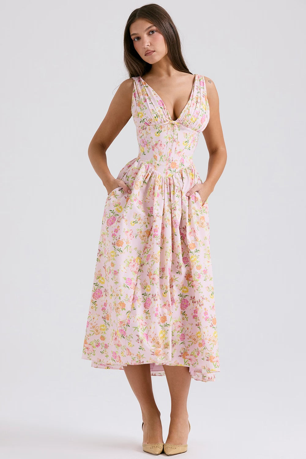 Floral A-Line Midi Wedding Guest Dress for Women