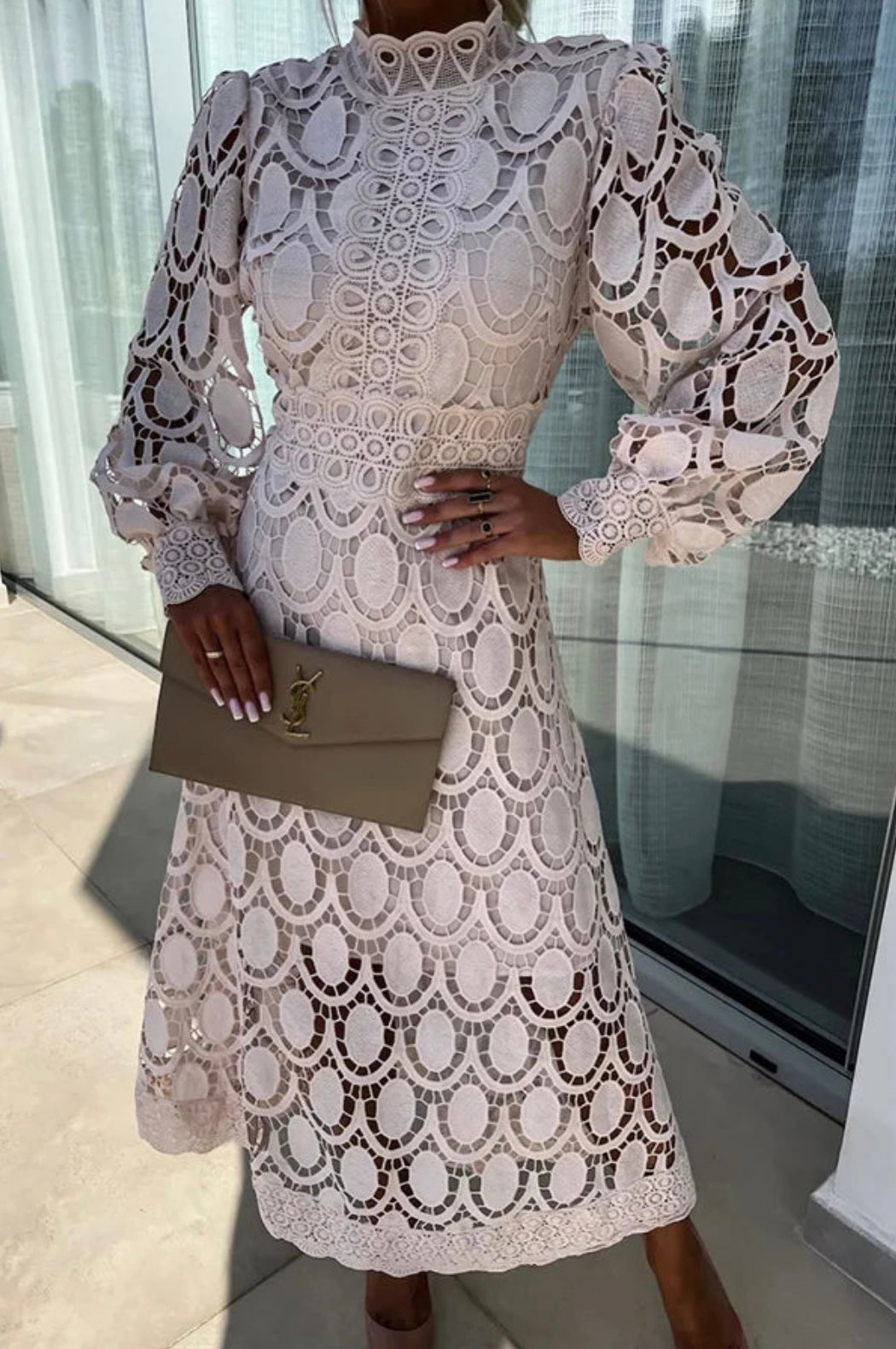 Midi Lace Wedding Guest Dress with Stand Collar for Women