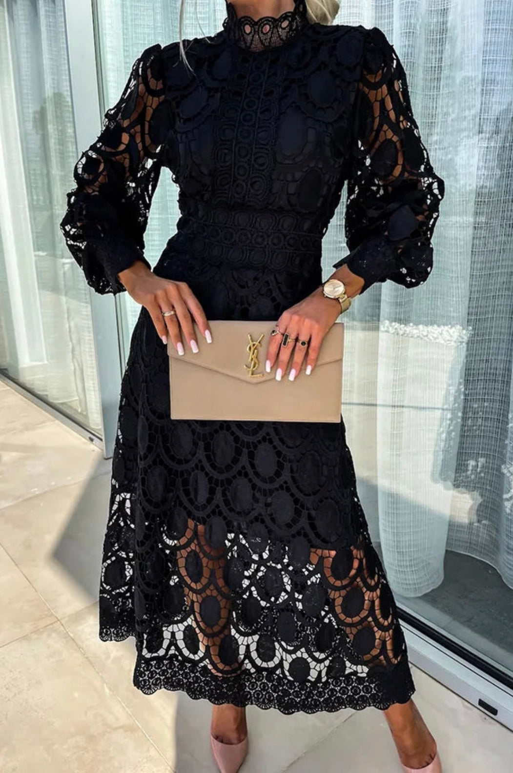 Midi Lace Wedding Guest Dress with Stand Collar for Women