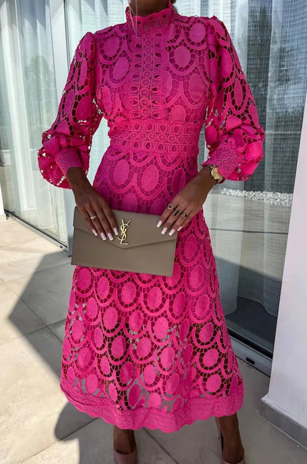 Midi Lace Wedding Guest Dress with Stand Collar for Women