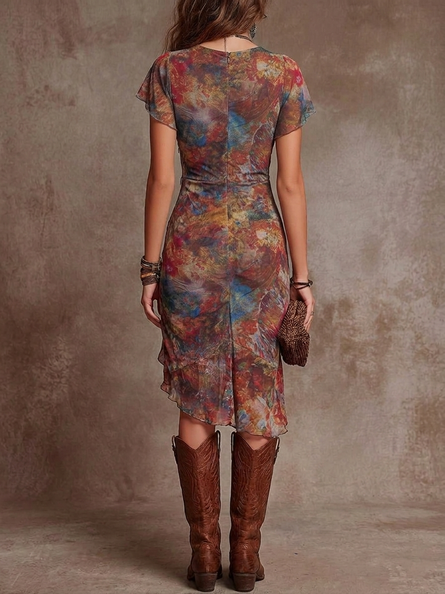 V-Neck Pleated Abstract Print Midi Dress for Women