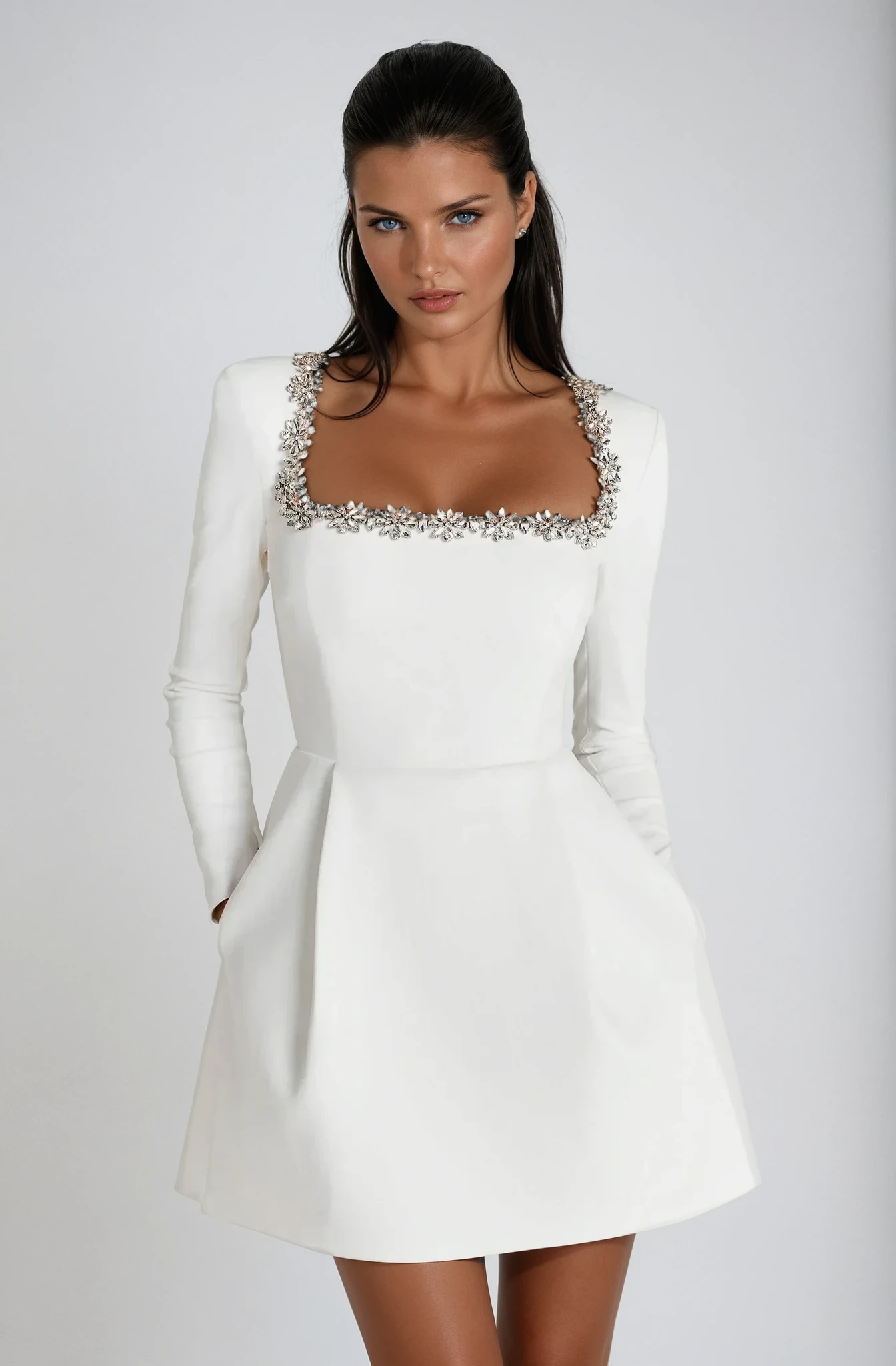 Square Neck Long Sleeve Wedding Guest A-Line Dress for Women