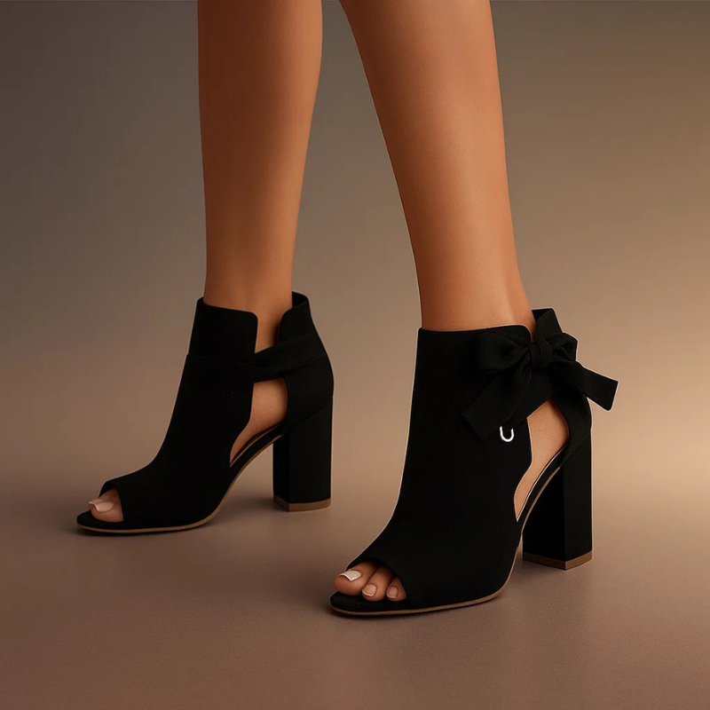 Suede Open Toe Block Heel Sandals with Ankle Bow for Women