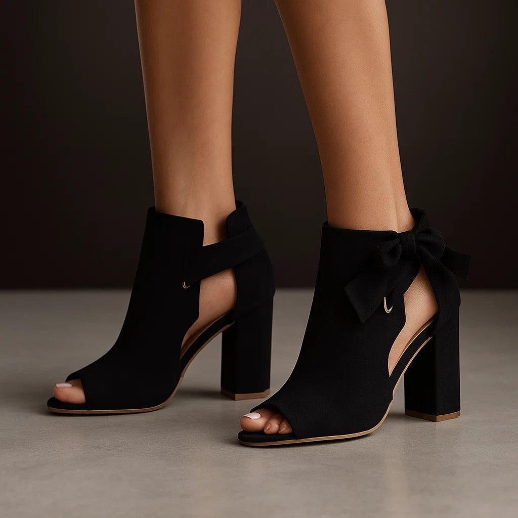 Suede Open Toe Block Heel Sandals with Ankle Bow for Women