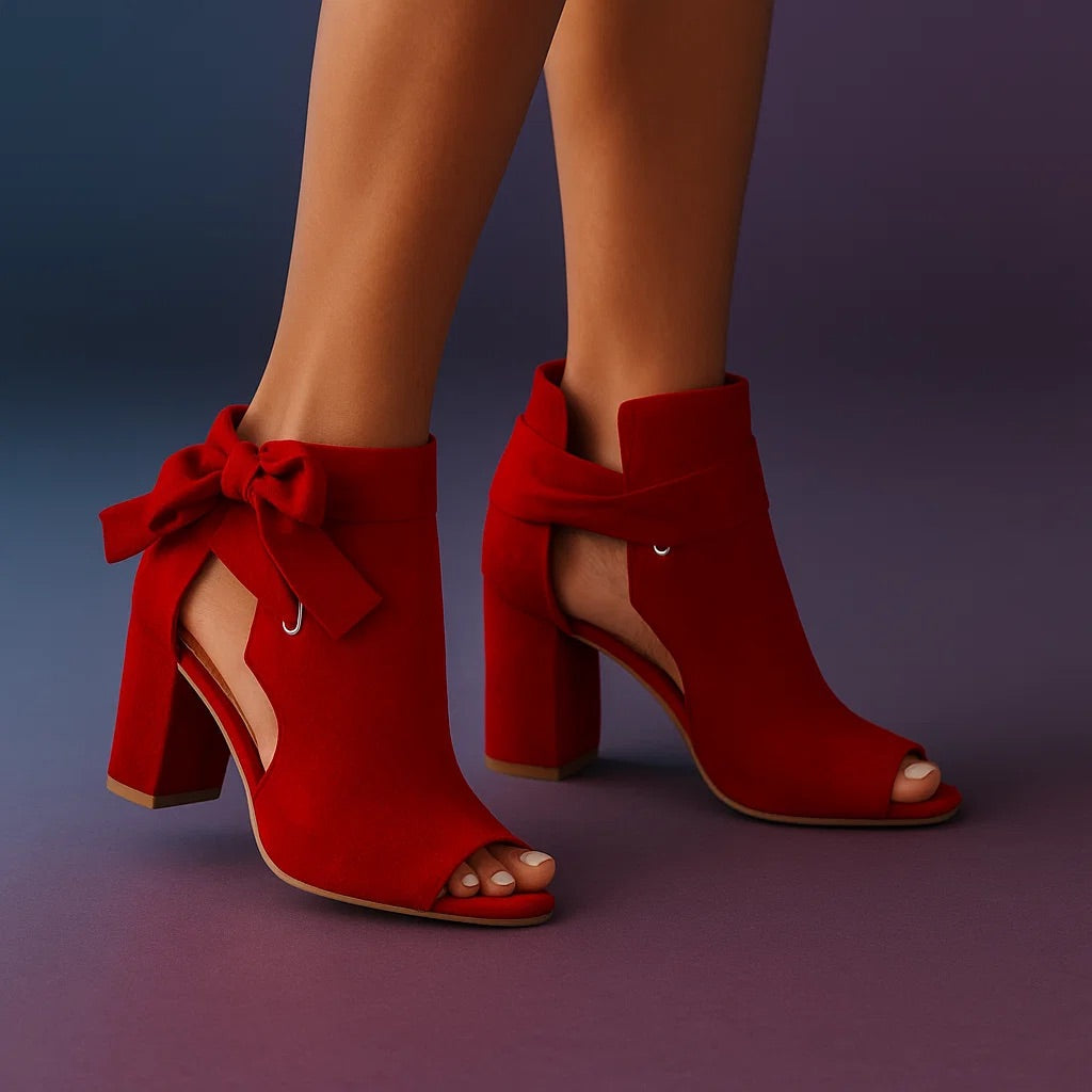 Suede Open Toe Block Heel Sandals with Ankle Bow for Women