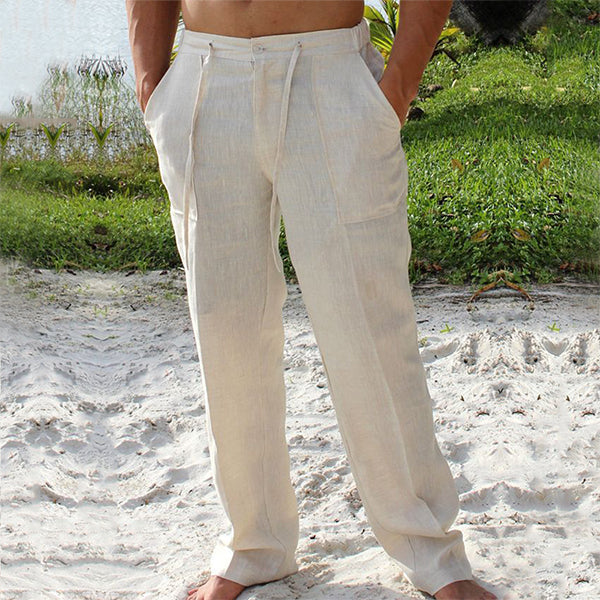 Linen Straight Leg Chino Trousers for Men