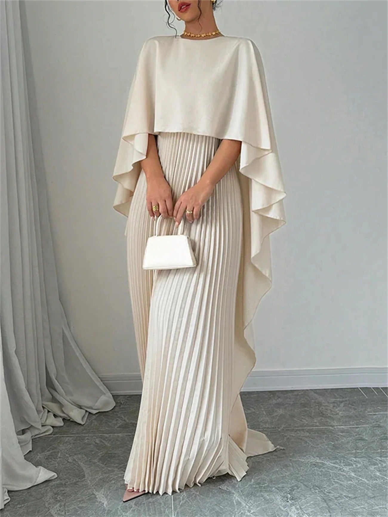 Pleated Wedding Guest Cape Maxi Dress for Women