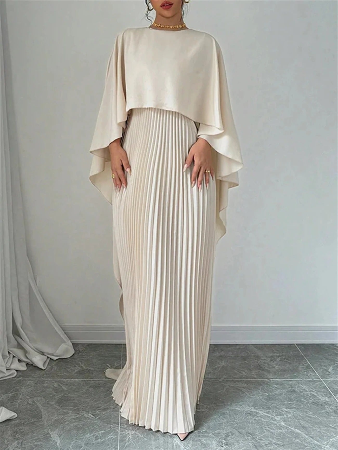 Pleated Wedding Guest Cape Maxi Dress for Women