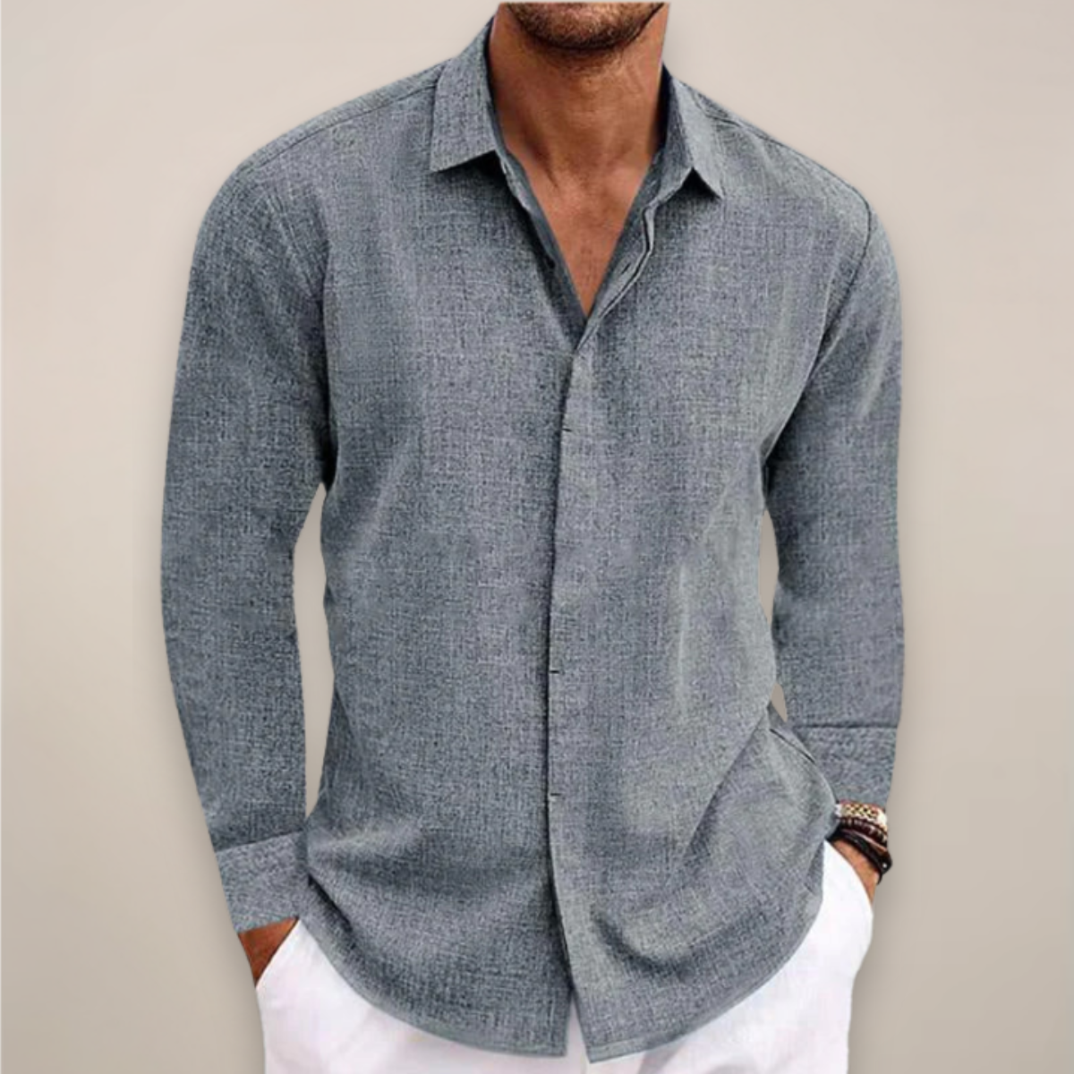 Linen Long Sleeve Button-Down Shirt for Men
