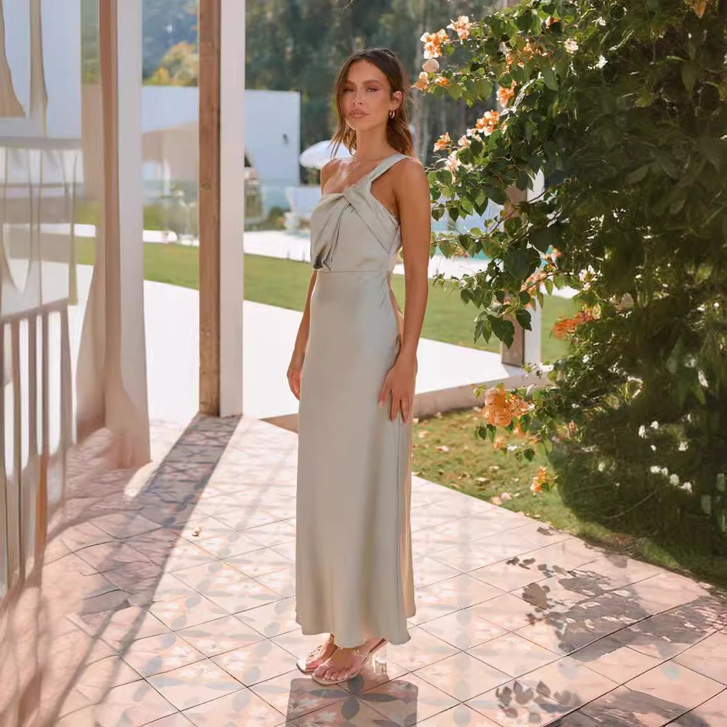 One-Shoulder Draped Wedding Guest Midi Dress for Women