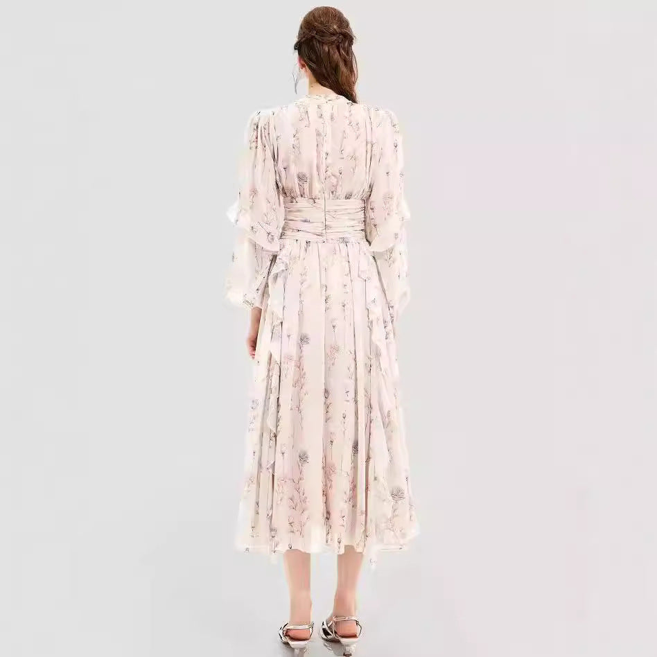 Long Sleeve Floral Midi Dress with Ruffled Hem for Women