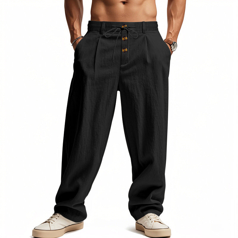 Straight Leg Linen Trousers with Button Waistband for Men