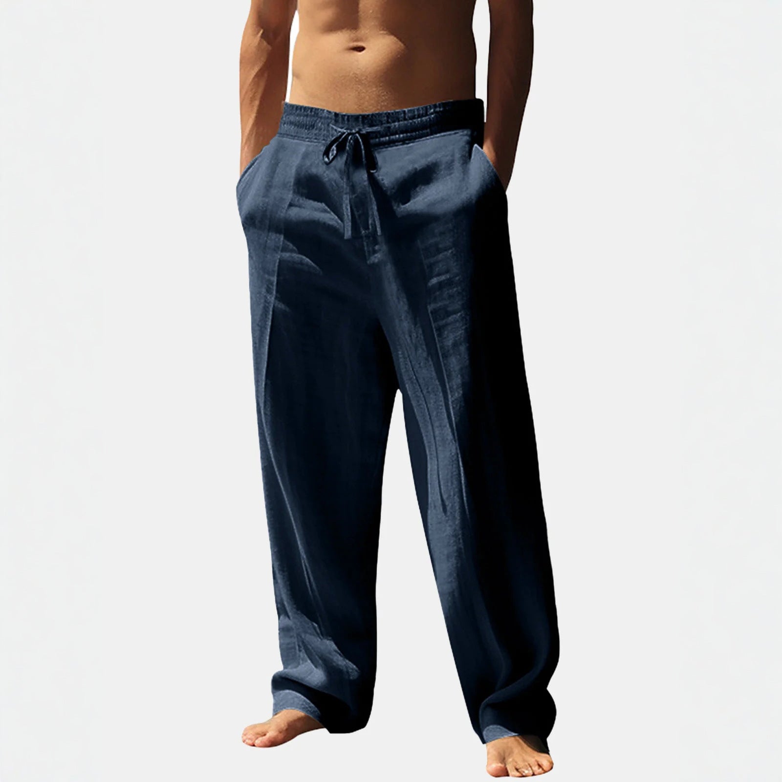Linen Trousers with Elastic Waistband and Side Pockets for Men