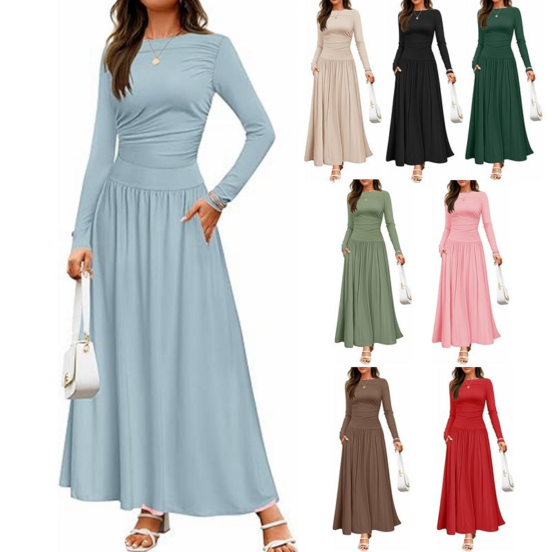 Long Sleeve Wedding Guest Maxi Dress with Pockets for Women