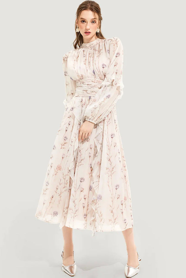 Long Sleeve Floral Midi Dress with Ruffled Hem for Women