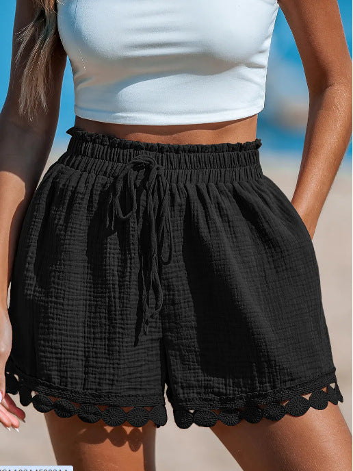 Relaxed Fit Linen Shorts with Scalloped Hem for Women