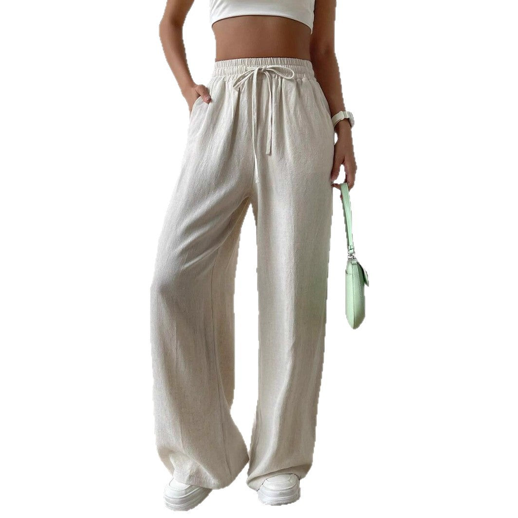 Relaxed Fit Linen Trousers with Drawstring Waist for Women