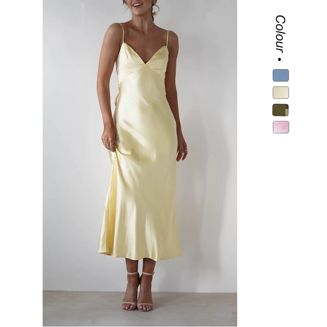 Satin V-Neck Spaghetti Strap Wedding Guest Maxi Dress for Women