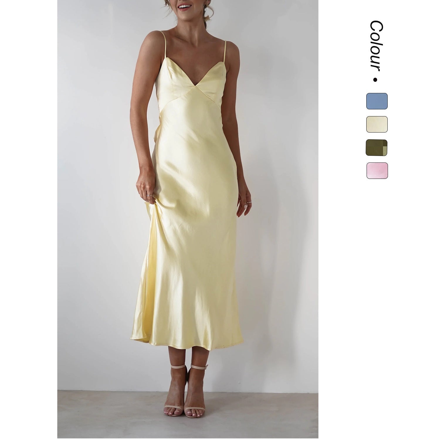 Satin V-Neck Spaghetti Strap Wedding Guest Maxi Dress for Women