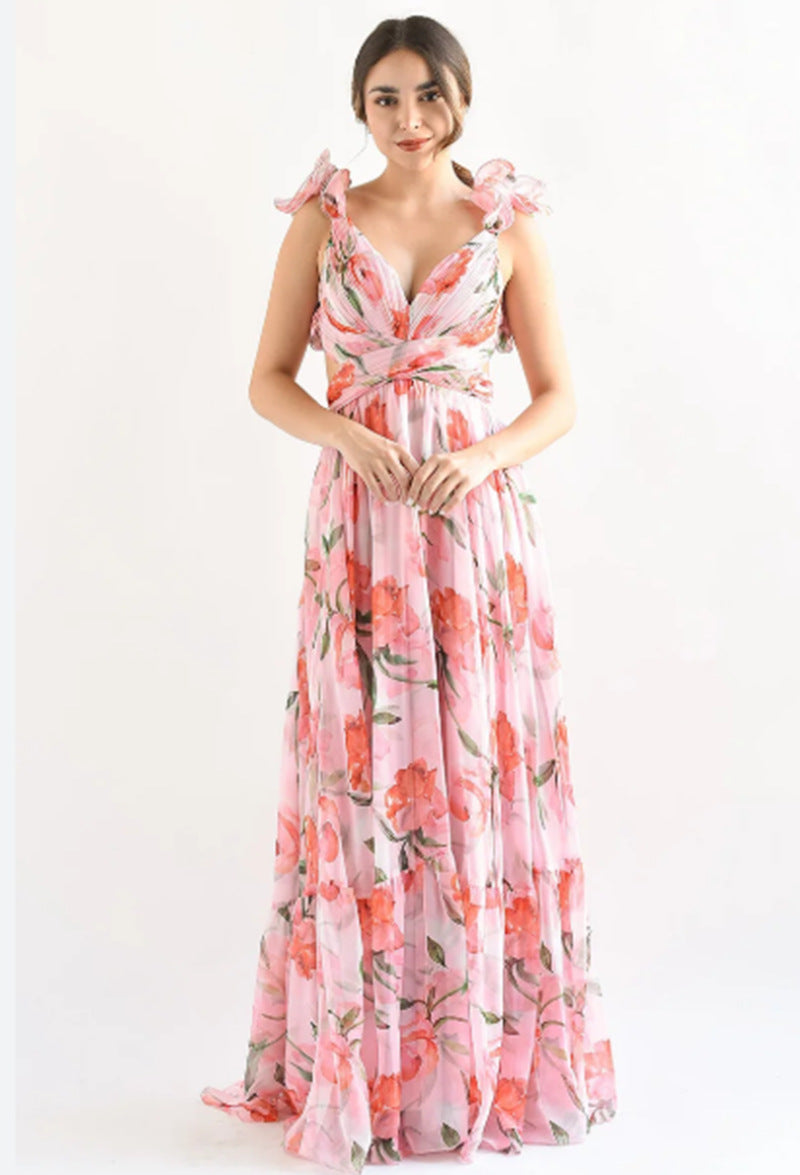 V-Neck Ruffle Wedding Guest Maxi Dress for Women