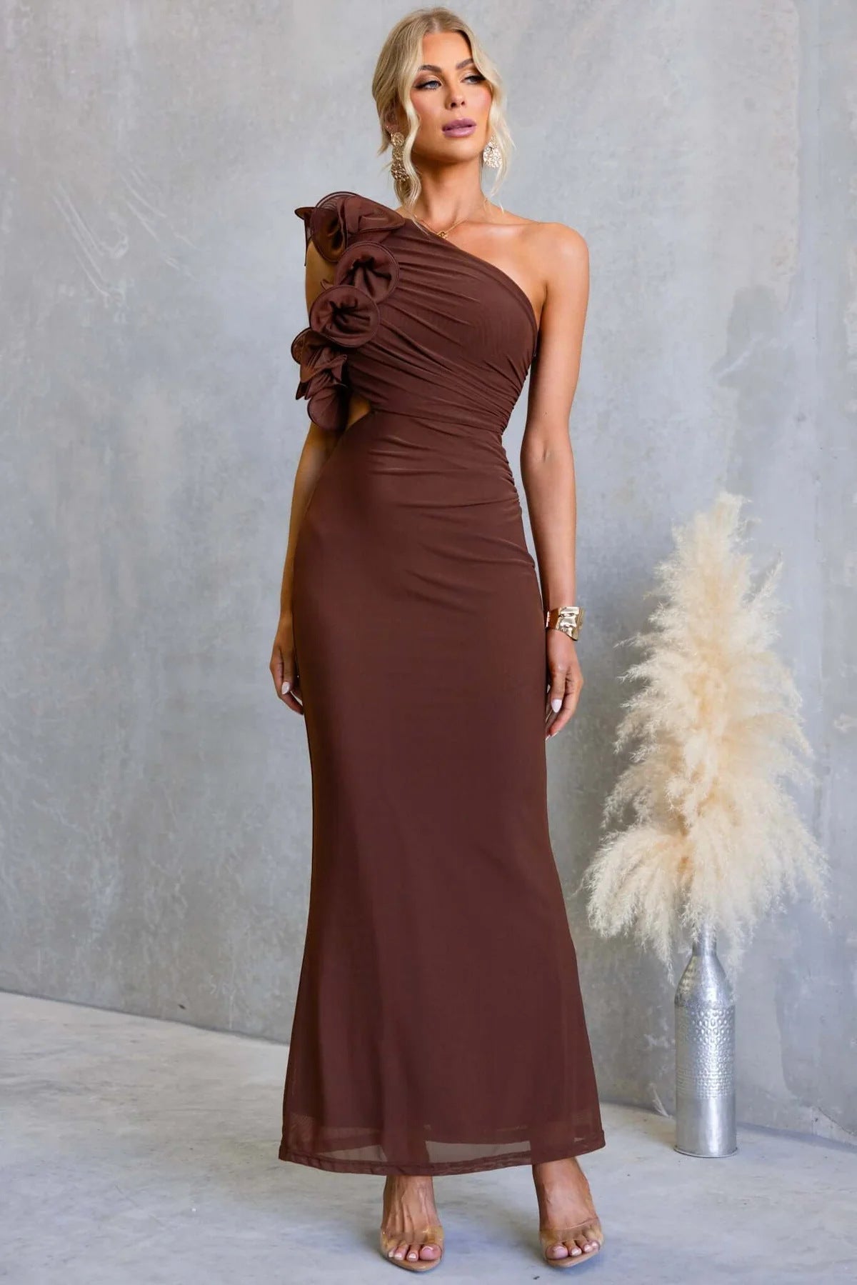 One-Shoulder Ruffled Wedding Guest Maxi Dress for Women
