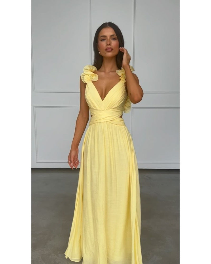 Wedding Guest V-Neck Puffed Sleeve Maxi Dress for Women