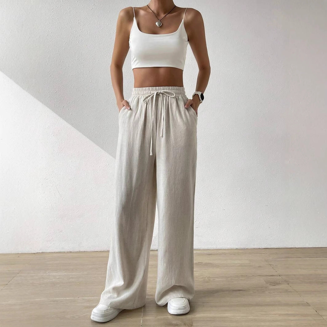 Relaxed Fit Linen Trousers with Drawstring Waist for Women